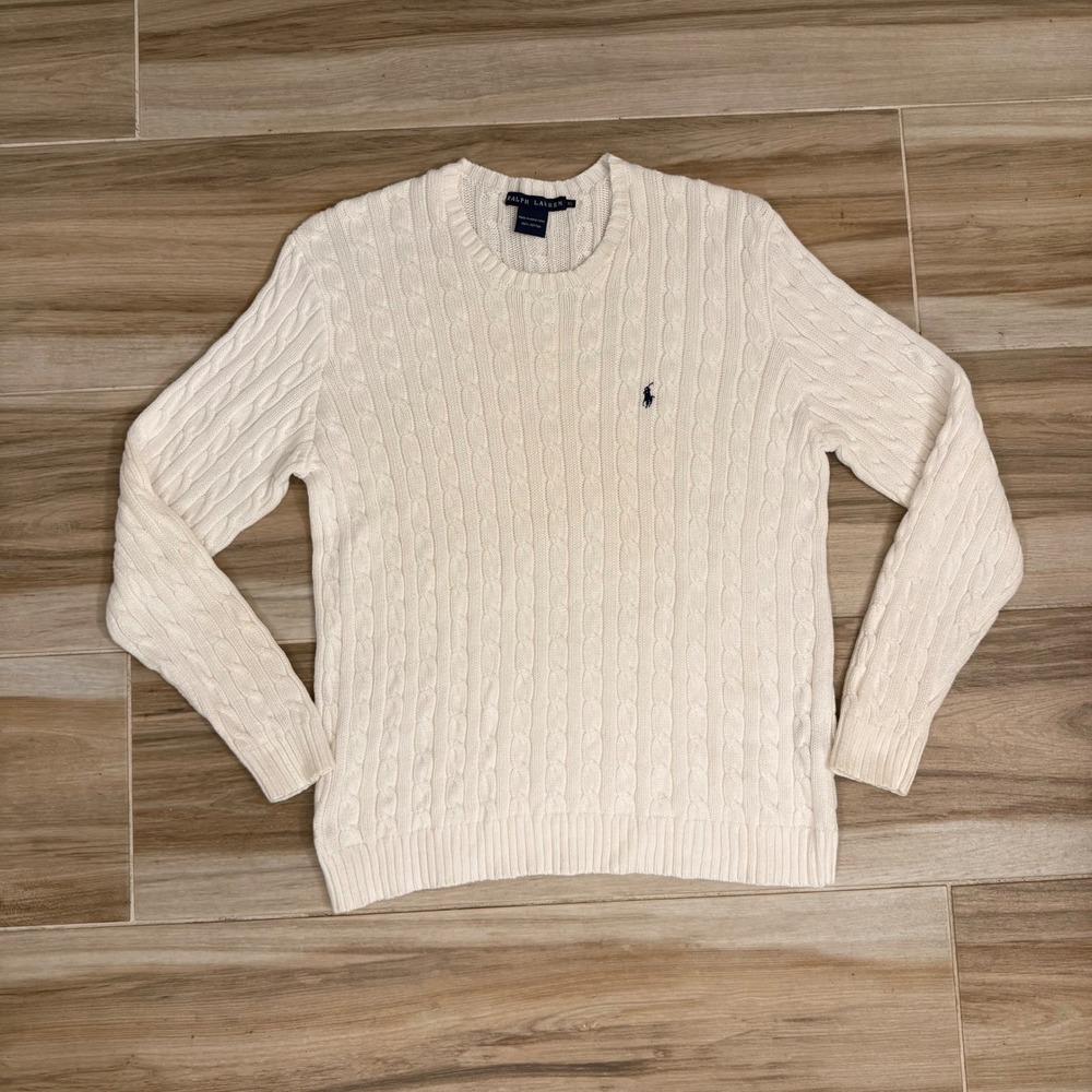 Vintage Polo Ralph Lauren White Cable Knit Crewneck Sweater Mens XL Cotton